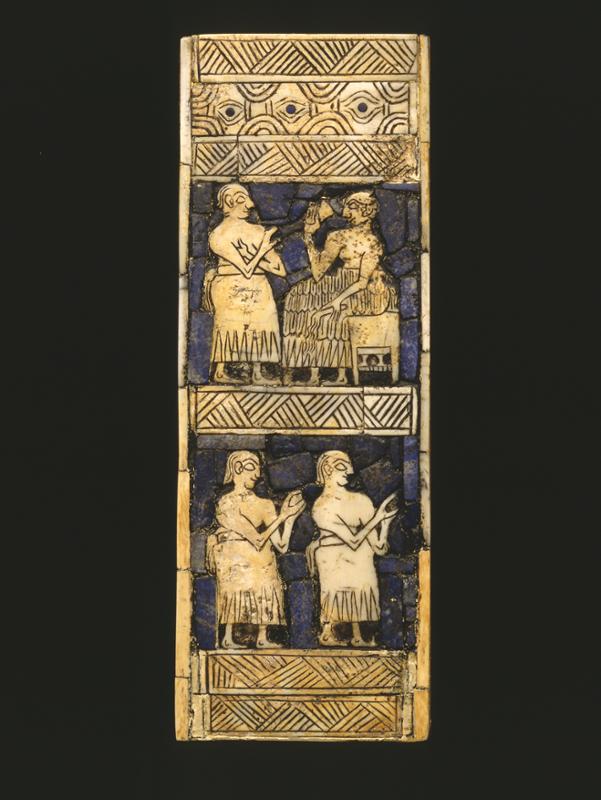 Shell inlay from a harp, two registers showing seated figures.