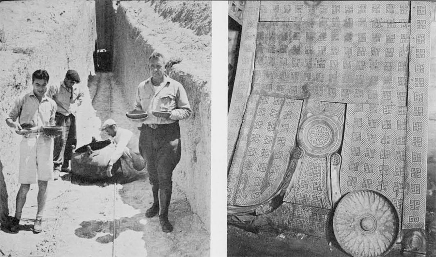 Two photos, left of men carrying bronze bowls of various sizes out of the tomb, right of an intricate wood inlay in a scrolling square pattern.