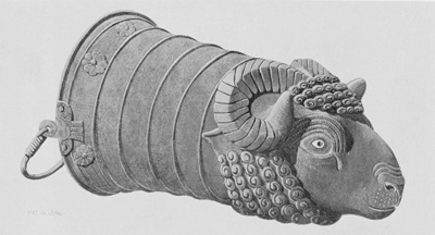 A bronze situla in the shape of a ram's head, rosettes decorating the rim.