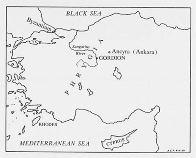 A drawn map of Phrygia showing the location of Gordion and Ankara.