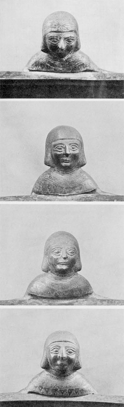 Close ups of each of the heads of the winged sirens on the cauldron, all featuring short hair and tunics.