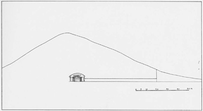 A drawn cross section of the tumulus showing a tunnel cut into the side leading to a square tomb chamber in the center of the mound.
