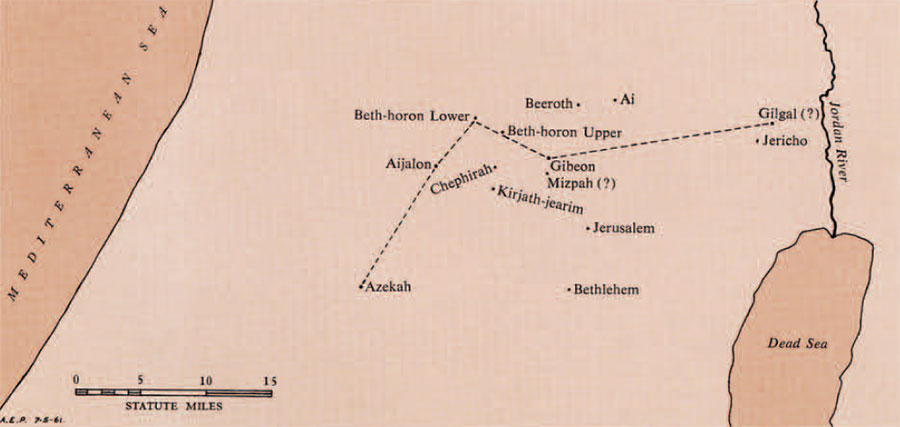 A map showing a route from Gilgal to Gibeon to Beth-horon Lower to Azekah.