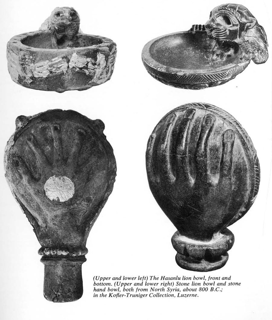 (Upper and Lower Left) the Hassanlu lion bowl, front and bottom. (Upper and lower right) Stone lion bowl and stone hand bowl, both from North Syria, about 800 B.C.; in the Kofler-Truniger Collection, Luzerne.
