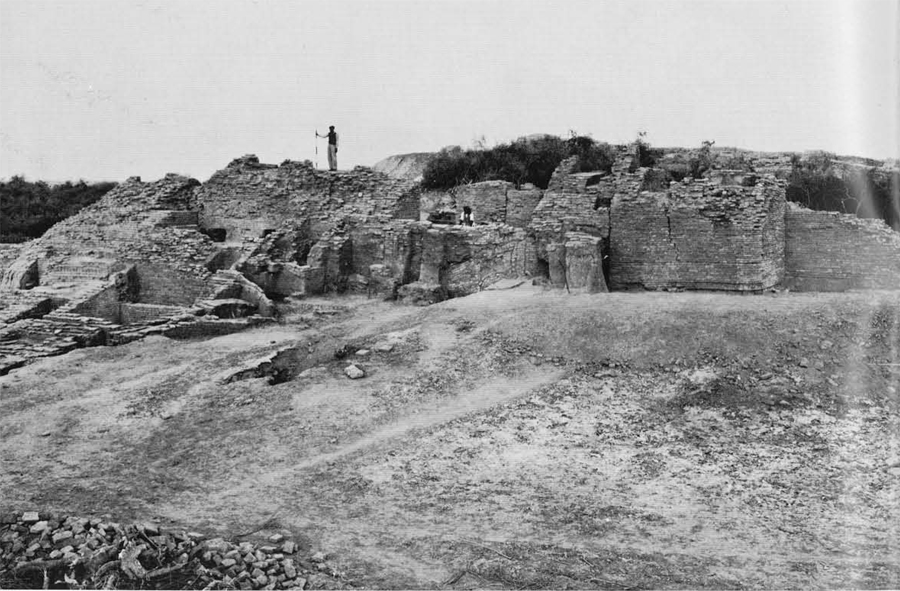 Excavated brick walls at Mohenjo-daro, a person standing atop the crumbled walls.
