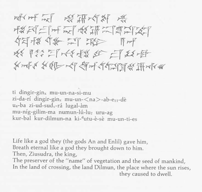 Five lines of cuneiform. the direct translation below it.