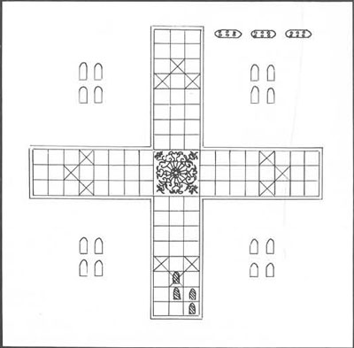 A top-down sketch of the layout of a pachisi board, with four pieces placed on it.