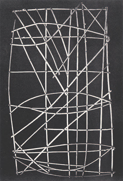 The University Museums' meddo chart, collected by Robert Louis Stevenson. The straight sticks represent systems of swells rolling into the Marshall Islands. Shells tied to the framework represent islands of the group. The curved sticks depict refracted swells. Most of these kinds of charts represented only a few islands and their characteristic swell pattern, but this one covers nearly the entire Marshall group, 29 by 49 inches. 
