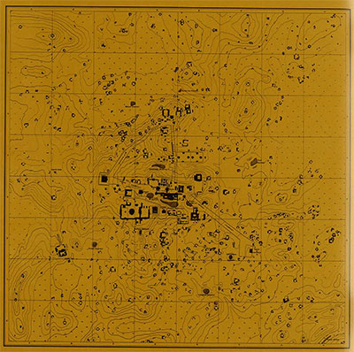 Overall map of Tikal, covering an area 16 square kilometers (6.2 square miles). It is apparent that the east and west boundaries of the site have been located, but that the locations of the north and south boundaries are unknown.