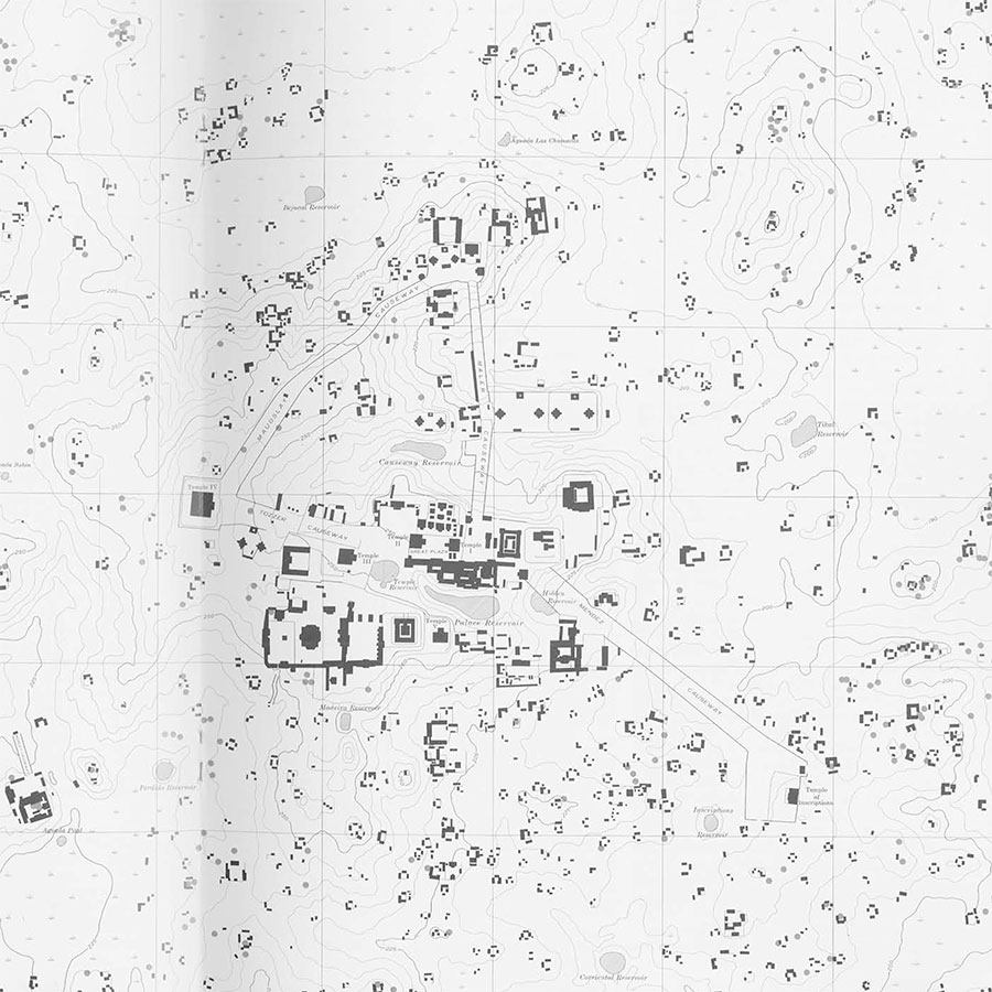 Map showing the distribution of all but known Pre-Classic chultons which occur within the central nine square kilometers of Tikal  (reduced from the sixteen square kilometer map of the site.) The Pre-Classic chultons have been excluded because the map, which is primarily a representation of Tikal in Late Classic times, does not include their associated structures. Note the predominance of chultons  in the peripheral area of small domestic structures and their almost complete absence from the ceremonial nucleus. The small entrances to the underground chambers of chultons are hidden by the dense undergrowth of the Lowland forrest, as may be seen in the picture on page 2.