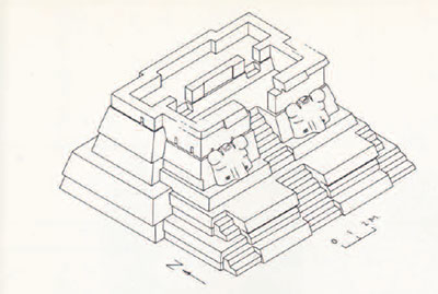 Sketched reconstruction of structure, two levels of outter stairs leading to an inner room.