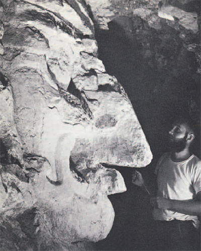 A person standing in front of a massive plaster face.