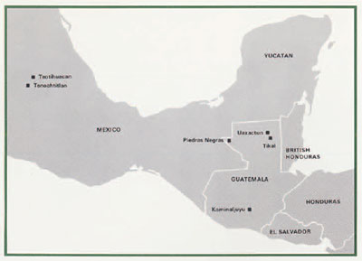 Map of Central America with significant sites labelled.