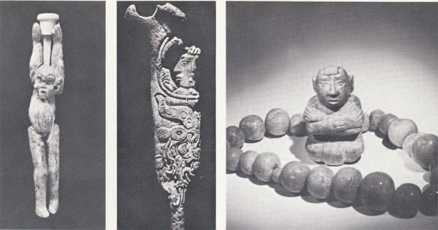 Three figurines and a beaded bracelet.
