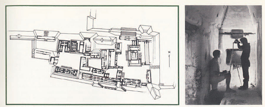 Diagram of the Central Acropolis and two people photographing chamber walls.