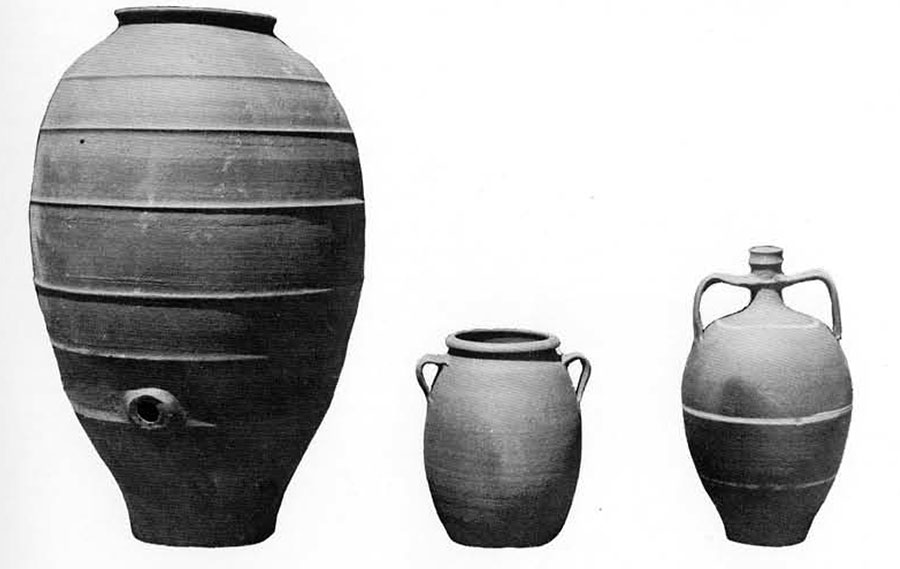 Three pots by Nikos Lukataris of Strapuryes. From left to right: Pithos for wine, bournies for cheese, and stamnos for water. 