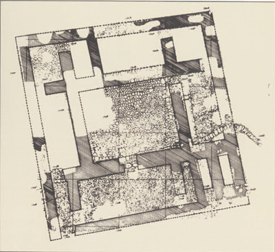 Plan of the square palace with its central open court. One of the entrances to the building was probably at the lower left-hand corner. At the lower right-hand corner is the tower.