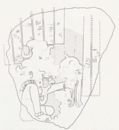 Fragment of a mutilated Late Preclassic sculptured stela found buried at the base of Mound 1, El Trapiche Mound Group (Chalchuapa). Scale, 1:10