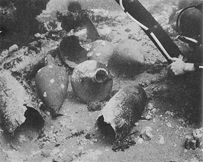 Amphora mound at the final stages of excavation, revealing the variety of amphora shapes found within the cargo area of the ship. 
