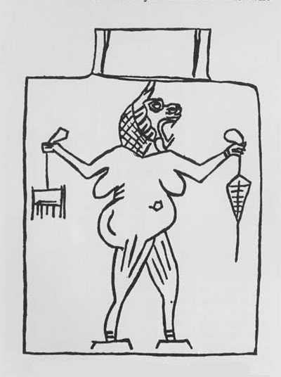 Darwing of a depiction of lion-headed woman demon from a tablet.