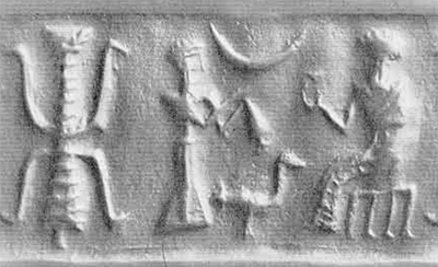 Fig. 4. Cylinder seal of Common, Old Elamite style, about 19th century B.C. Of bituminous stone. Height, 2.25 cm. Collection Foroughi. 