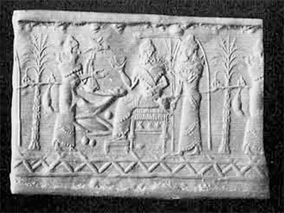 Fig. 9. Cylinder seal of Iranian style, Probably Elamite, 14th century B.C. Of sard. Height, 3.36 cm. Collection Foroughi.