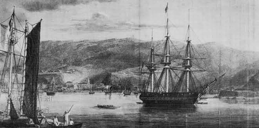 U. S. Frigate Potomac at anchor in the harbor of Valparaiso during her circumnavigation of the globe during the years 1831-34. 