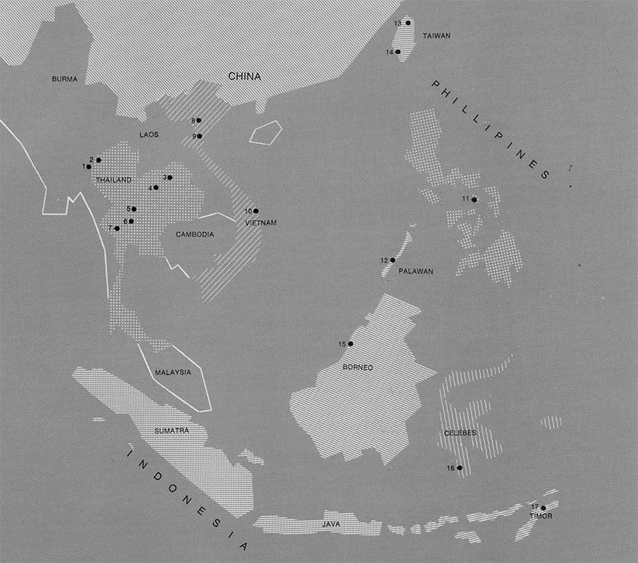 Map of Southeast Asia with sites of finds labelled.