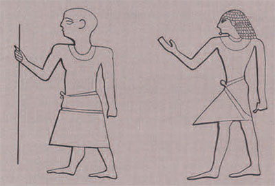 Sketch of two figures from an Old Kingdom tomb in the Cairo Museum. Both represent the chief magistrate Kara-Pepi-Neter and show great difference in craftsmanship. 