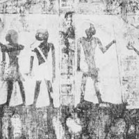 Badly damaged painting on the wall of the tomb of Bekenkhons. The figures and hieroglyphs of the vignettes have been accentuated by erasure of the discolored original background around them; cleaning of the inscription below has not been finished.