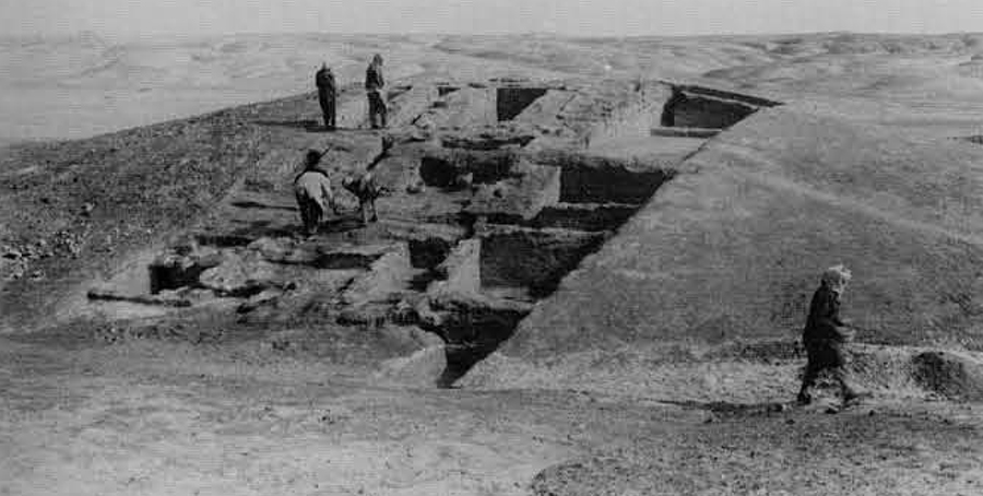 Shahr-i Sokhta (Seistan): Excavations in area EWK on the western edge of the mound. The worker in the foreground is standing on the occupational layers of a lapis lazuli manufacturing house. The basket carrier to the right heads towards the floatation unit. 