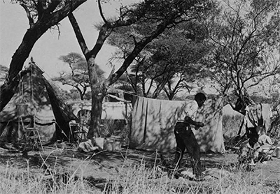 Close-up—a bit disorderly but "functional"—of our tent camp at the foot of Tsodilo Hill. 