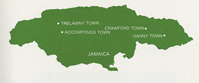 A map of Jamaica with four towns marked on it.