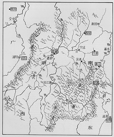 Modern map of part of the region shown on Map 1. North is at the top. China Pictorial No. 9, 1975, p. 37.
