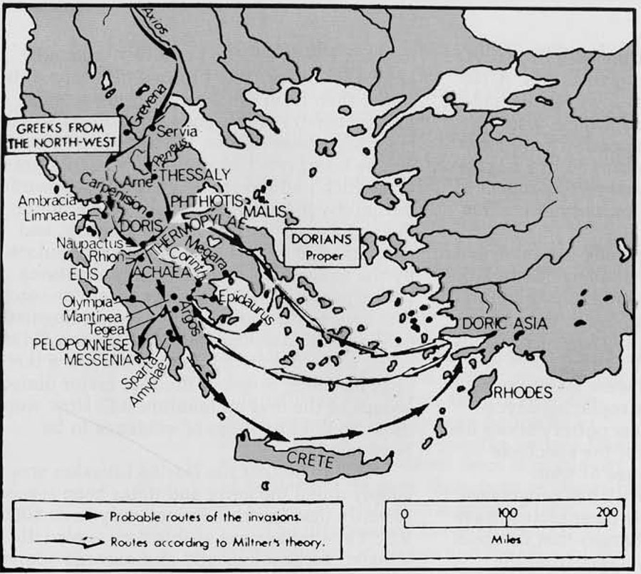 Map of the Greek Islands and the migration of the Greeks from the North-West through the Dorians territory.