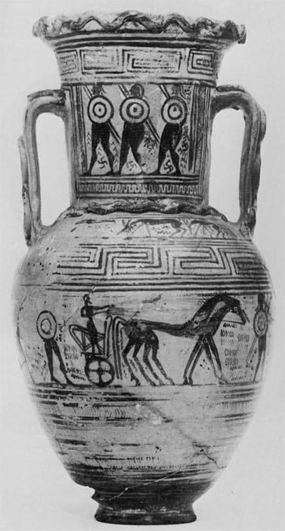 Amphora showing a person pulled on a chariot and three warriors holding shields.