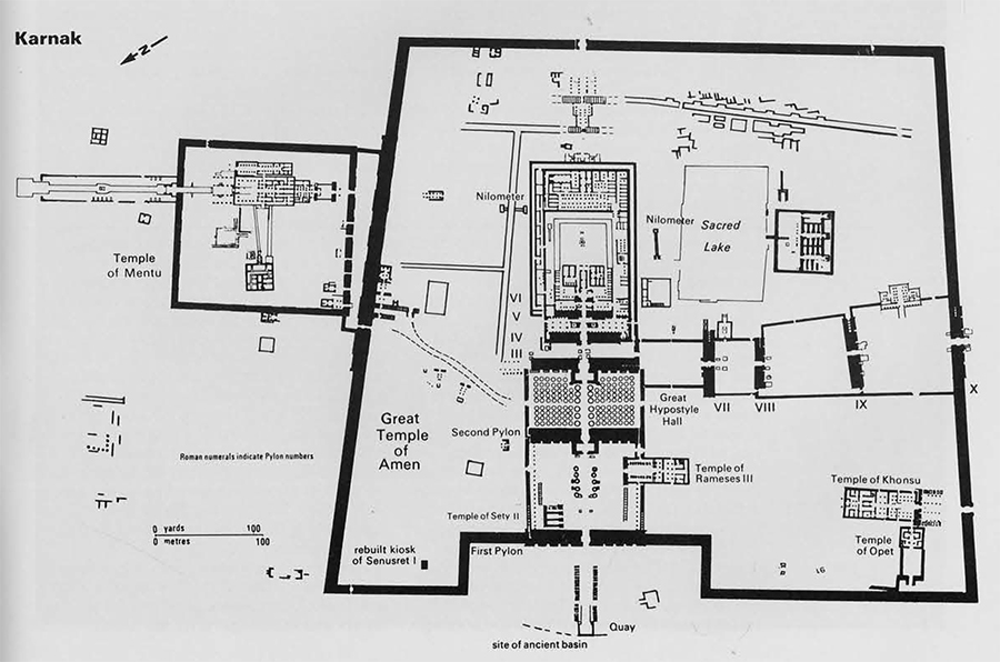 Layout of the Great Temple of Amen and Templt of Mentu at Karnak.