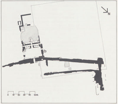 Plan of the Pennsylvania -Yale area. The temple of Ramesses II adjoins the western corner of the much later temple-enclosure wall. The hatched area within the Ramesses II temple represents the extent of the memorial chapels so far excavated.