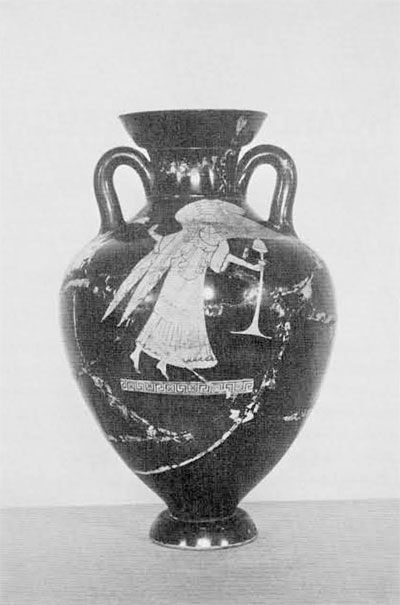 Amphora depicting winged Nike flying toward right, head turned back, holding thymiaterion in left hand, floral spray in right hand. Below, border of maeander & cross.