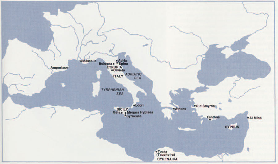 Map of the Mediterranean region with sites of Attic pottery marked.