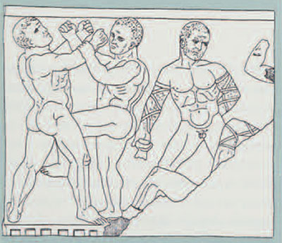 Drawing of a later Imperial Roman relief showing boxers fighting.