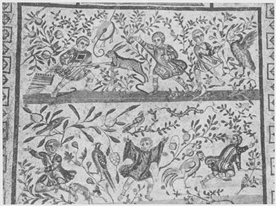 Mosaic of children hunting rabbits and birds surrounded by foliage.