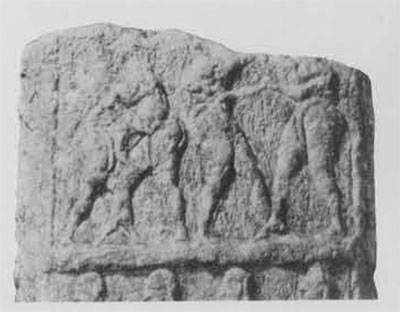The earliest representaiton of wrestlers occurs on a stela (detial shown here) from Badra, Iraq, now in the Iraq Museum. ca 2900 B.C.E.