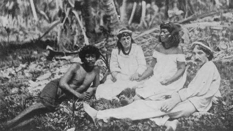 Robert Louis and Fanny Stevenson and their firends Nan Tok and natakanti on Butaritari in the Gilbert Islands. (Reproduced from Fanny Stevenson, The Cruise of the "Janet Nichol").