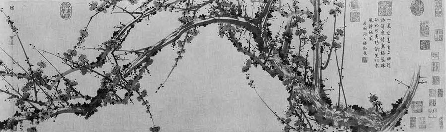 A handscroll with ink painting of a blossoming plum tree.