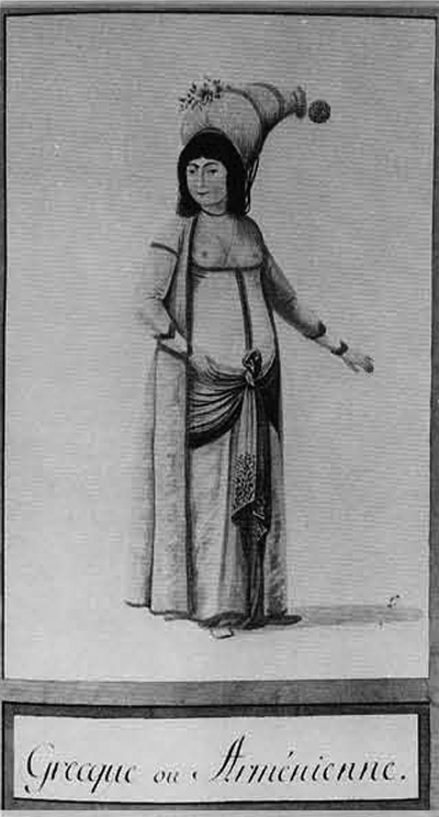 'Grecque ou Armenienne,' from Costumes Turc. With her white gömlek, orange salvar, entari, second robe, and turban,the woman depicted here is wearing a less elaborate version of the court costume seen in Figure 1. Her entari is white with gold trim, with a blue embroidered shawl worn as a sash. Over this she is wearing a gold-trimmed pink garment with three quarter length sleeves. Her headdress is trimmed with flowers instead of jewels, and for ornament she wears a black ribbon at her neck. As this illustration indicates, the non-Muslim women of Constantinople wore clothing very similar to their Muslim counterparts. They could be distinguished outdoors by the color of their Muslim counterparts. They could be distinguished outdoors by the color of their head covering and their footwear. In the 19th century, Greek and Armenian women seem to have adopted European clothing more readily than Muslim women; Jewish women, on the other hand, seem to have been slower to discard the traditional costume. 