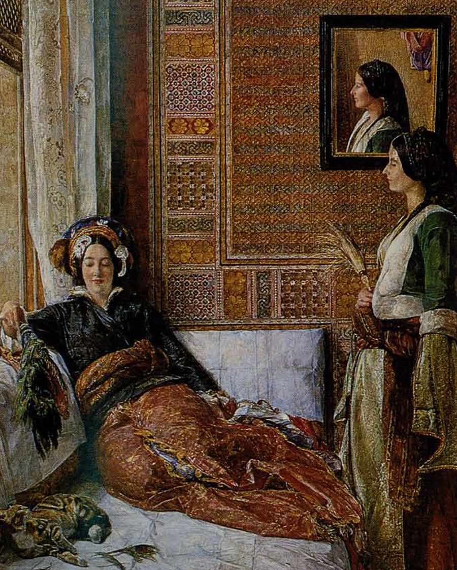 'Hhareem Life—Constaninople.' John Frederick Lewis, ca. 1857. Lewis (1805-1876) was the friend of another well known British Orientalist, David Roberts. He traveled in Greece and Turkey in 1840, and then spent a decade living in Cairo. Lewis's work was well recieved when he exhibited it in France and England following his return from Cairo. This painting done perhaps 17 years after Lewis's visit to Turkey, was clearly done from notes, sketches, and the artist's memory. Many of the Orientalist painters brought quantities of props such as clothing, furniture, textiles, and other objects back with them in order to recreate the Orient of their memories in their studios. 
