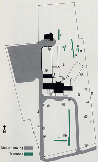 Site map showing the locations of 1987 exploratory trenches.
