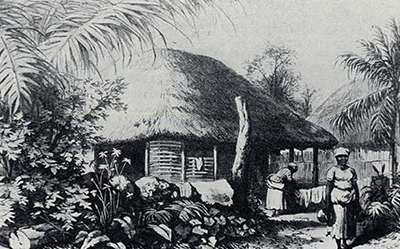 A painting of a cottage for enslaved people surrounded by lush vegetation.