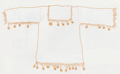 Drawing of a dance shirt with square neckline, fringed with feathers.